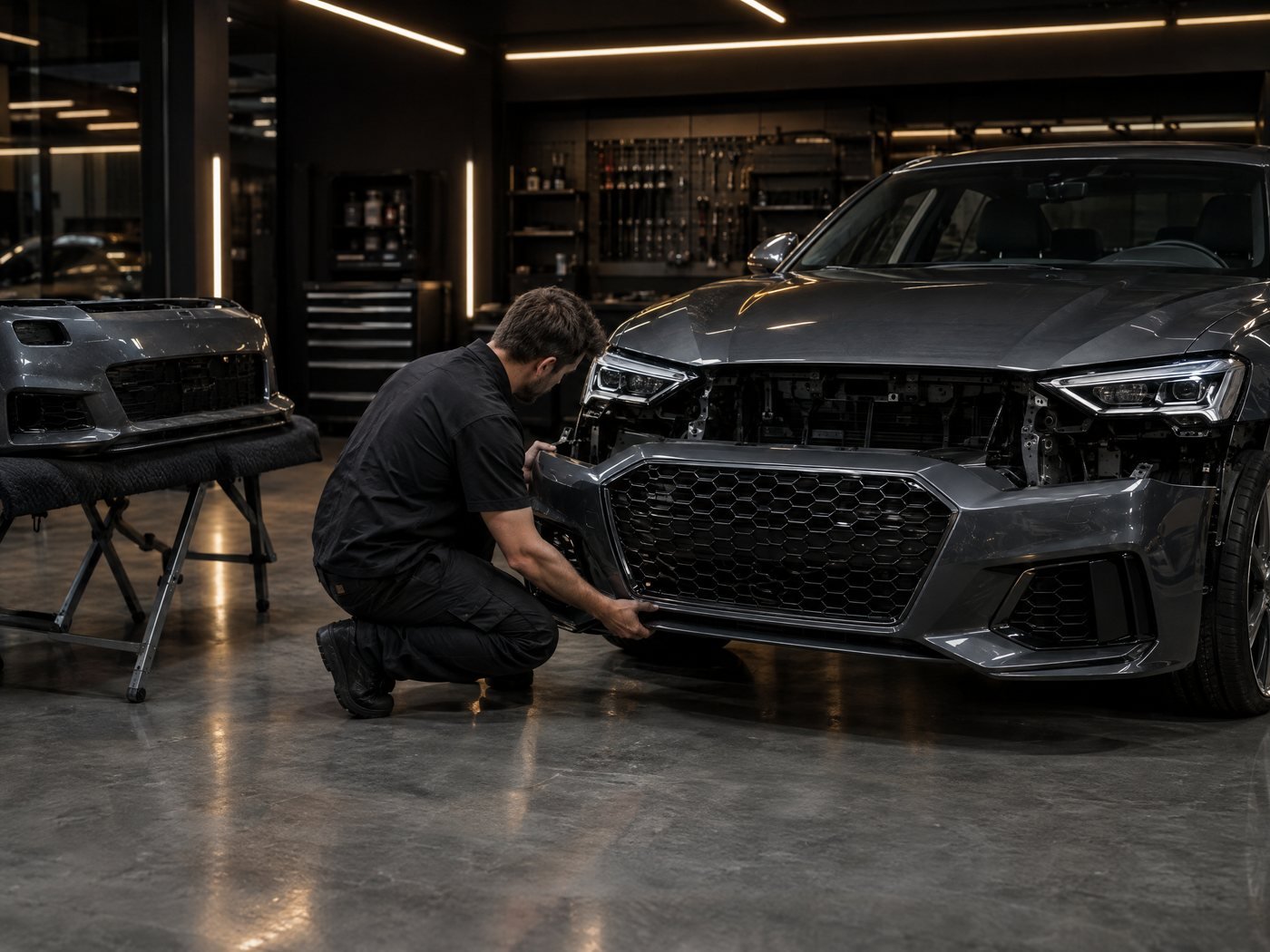 Illustration of a facelift bumper and grille being fitted to a sedan in a workshop
