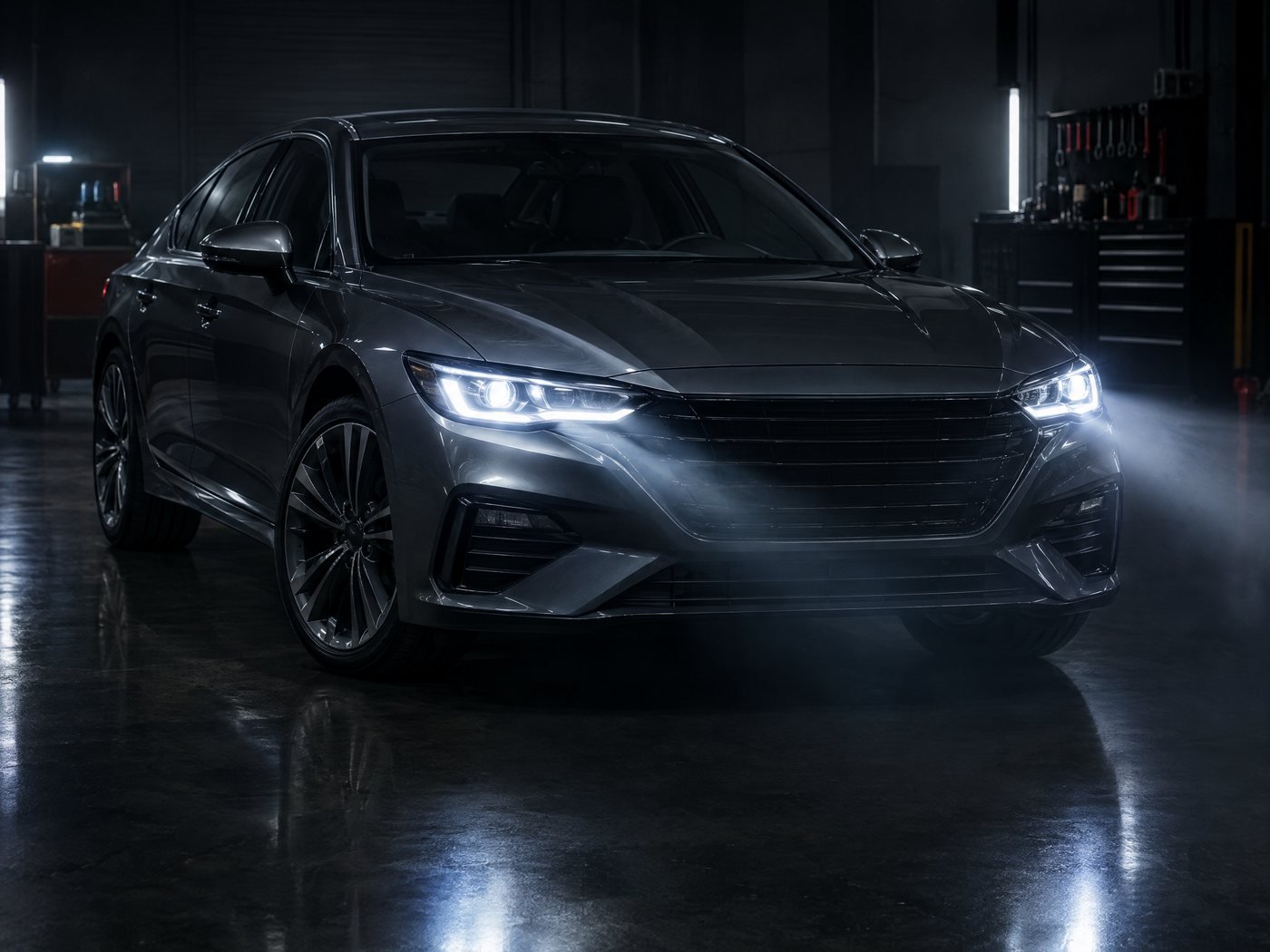 Illustration of a sedan with upgraded LED projector headlamps switched on