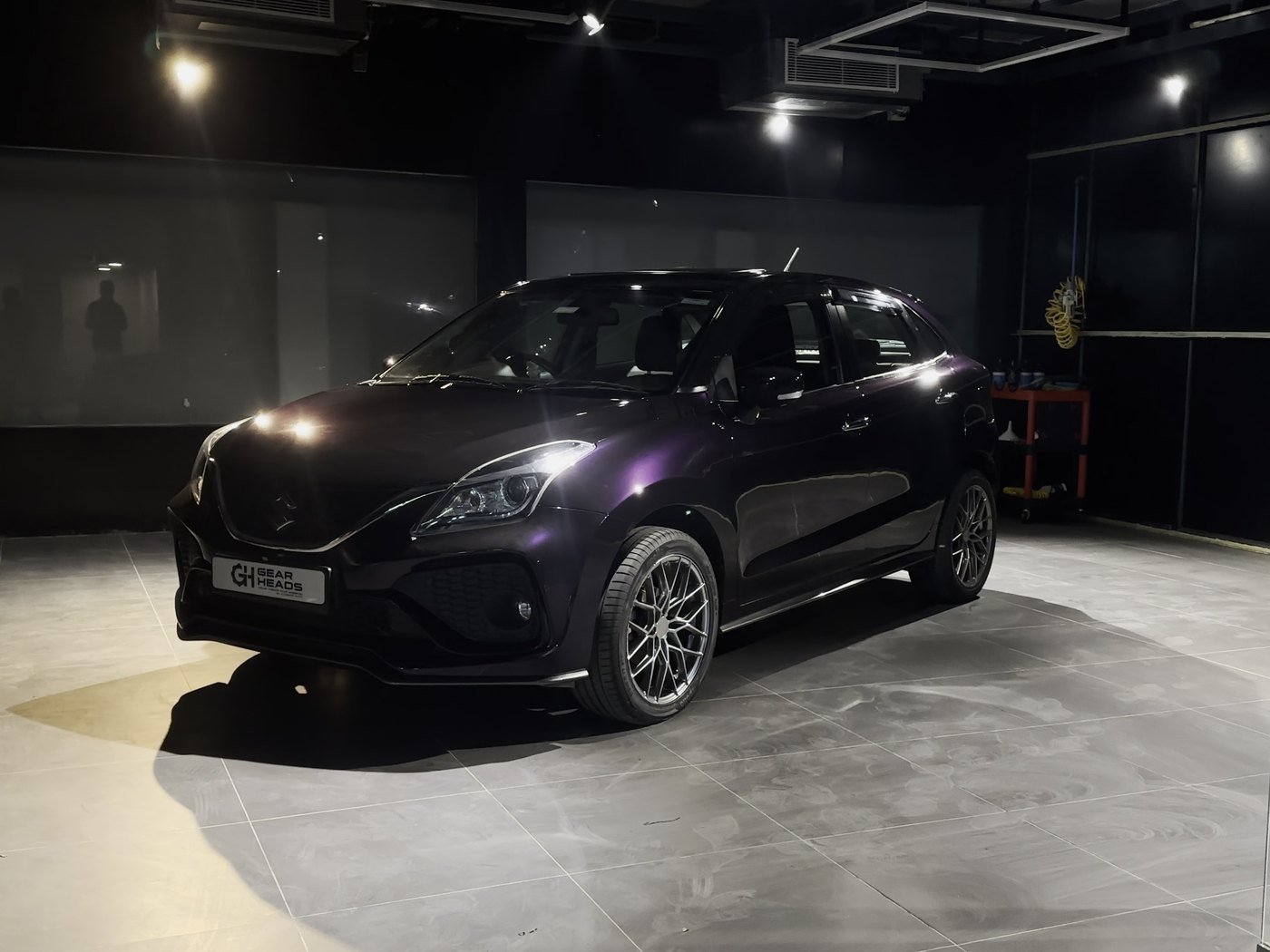 Purple Maruti Suzuki Baleno in the Gear Heads studio, Patna